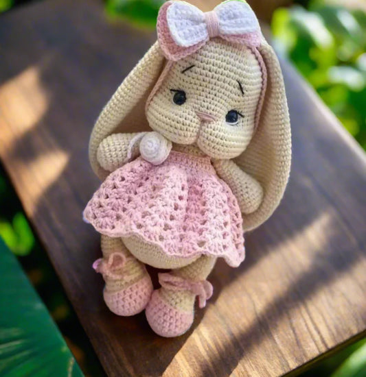 Handmade Crocheted Bunny with Pink Dress – Soft Decorative Plush Toy